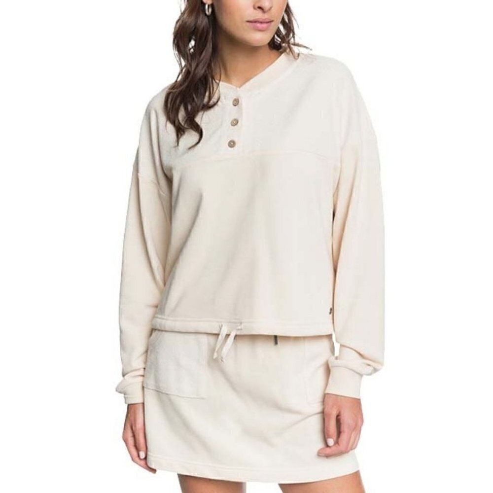 NWT ROXY Riding The Tides Natural Button Terry Sweatshirt Top Medium
